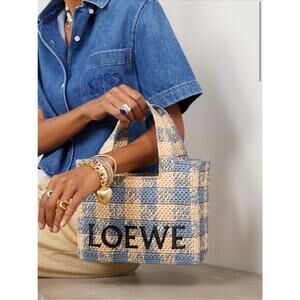 Loewe Paula’s Ibiza Raffia Blue Checked Tote NWT Embroidered Logo